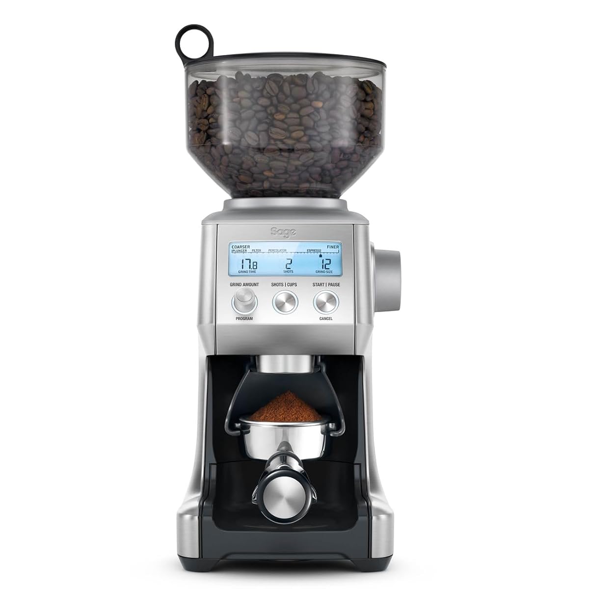 Moulin à café électrique Sage en acier inoxydable brossé posé sur un plan de travail en bois