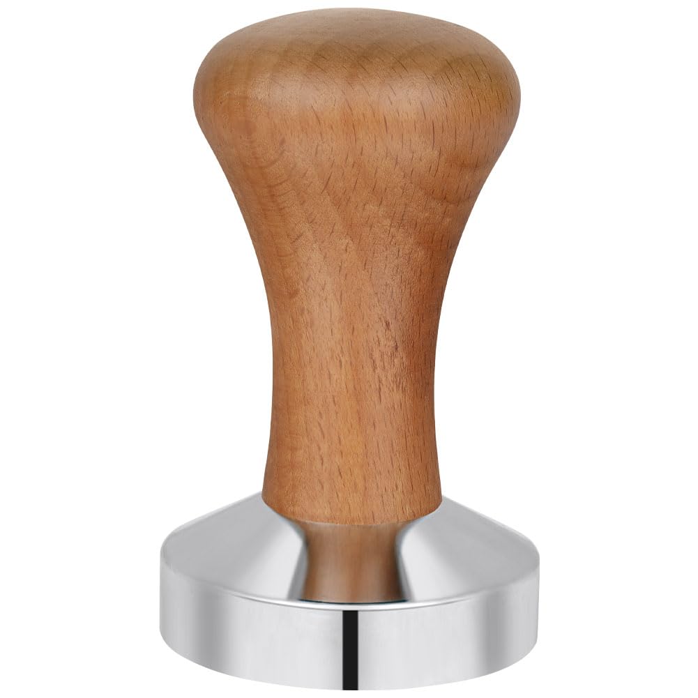 Tasseur à café expresso avec base plate en acier inoxydable et manche ergonomique en bois clair