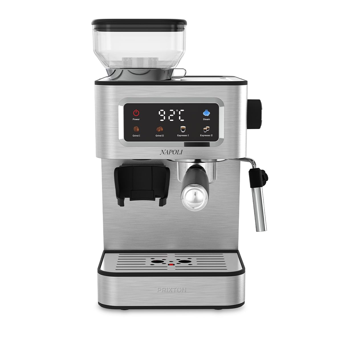 Machine expresso Prixton argentée avec moulin intégré, porte-filtre et vaporisateur sur un plan de travail