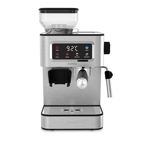 Machine expresso Prixton argentée avec moulin intégré, porte-filtre et vaporisateur sur un plan de travail