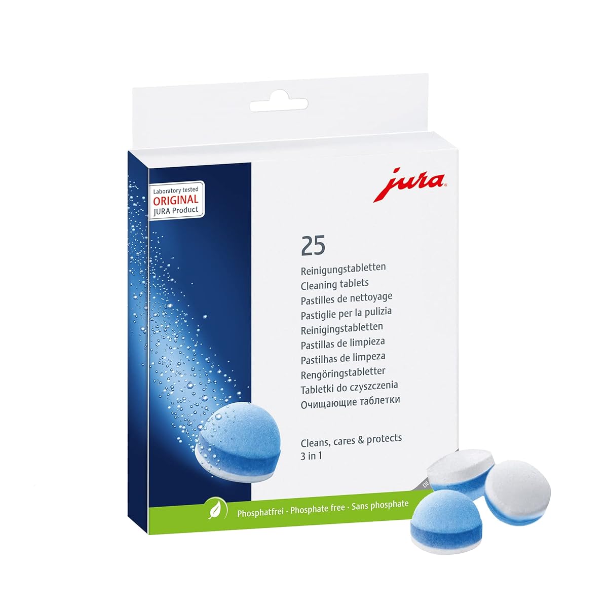 Lot de 25 tablettes Jura 3 phases disposées sur un plan de travail près d’une machine à café