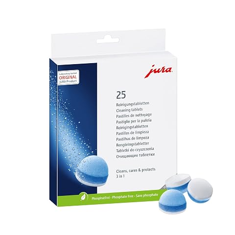 Lot de 25 tablettes Jura 3 phases disposées sur un plan de travail près d’une machine à café