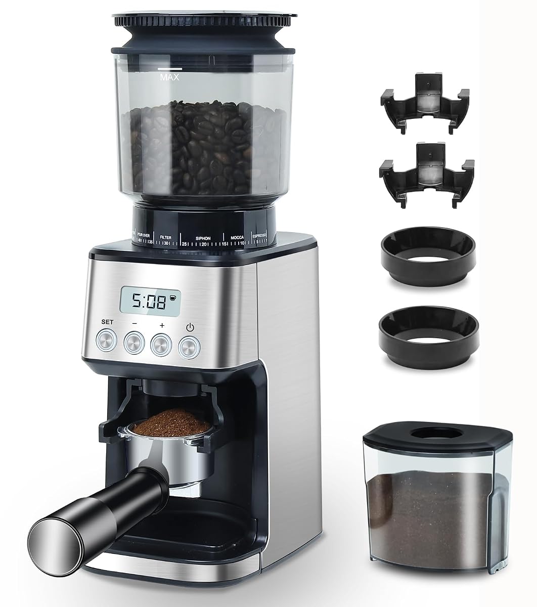 Moulin à café électrique Homtone argent et noir avec ses accessoires sur un plan de travail en bois
