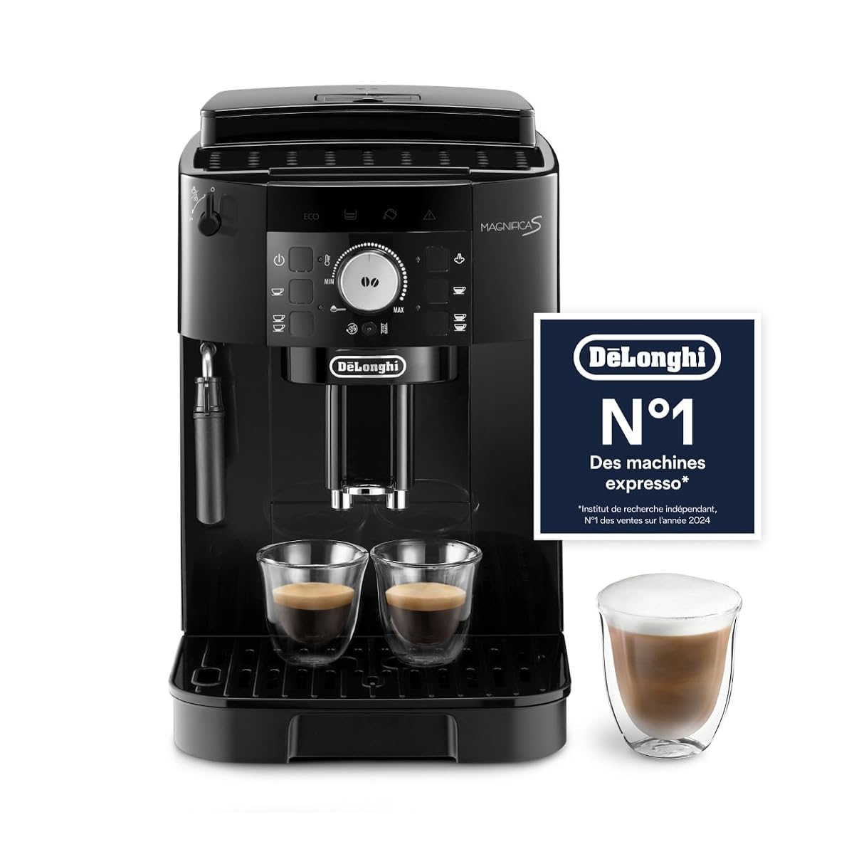 Machine expresso automatique noire avec moulin intégré et mousseur à lait manuel sur un plan de travail