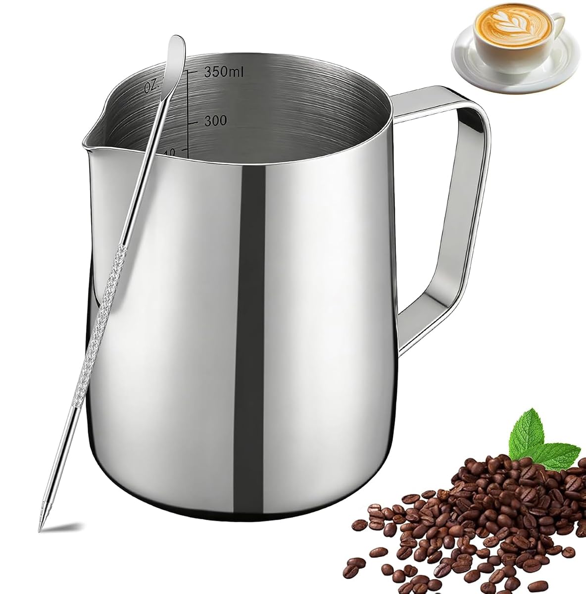 Pichet à lait argenté de 350 ml avec bec en V, graduations intérieures et stylo latte art.