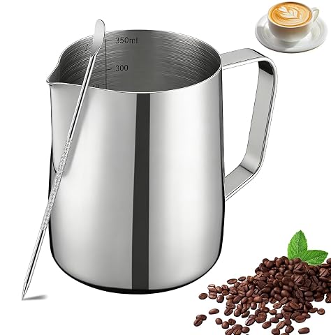 Pichet à lait argenté de 350 ml avec bec en V, graduations intérieures et stylo latte art.