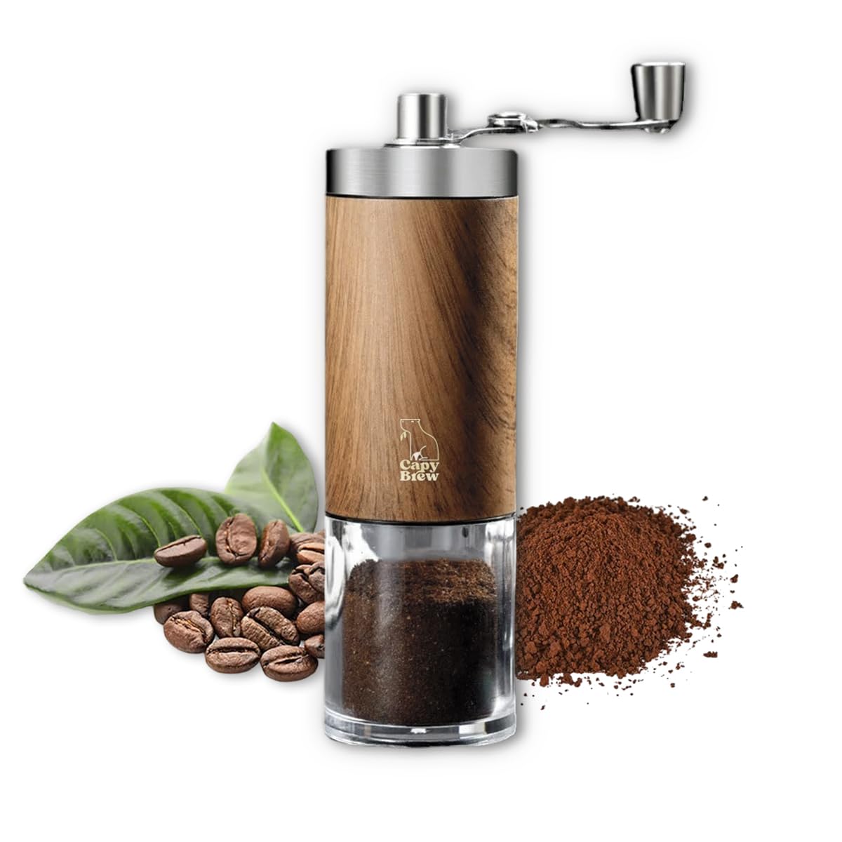 Moulin à café manuel Capy Brew MK1 à finition aspect bois sur un plan de travail de cuisine