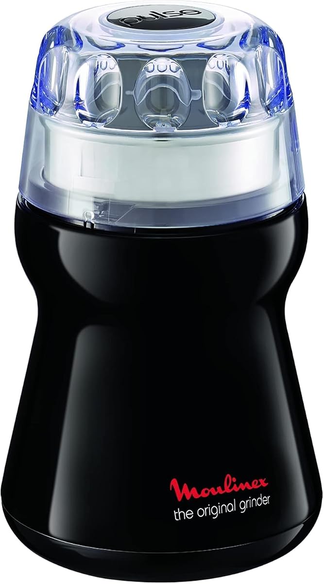 Moulin électrique noir Moulinex Dehli avec couvercle transparent sur un plan de travail en bois