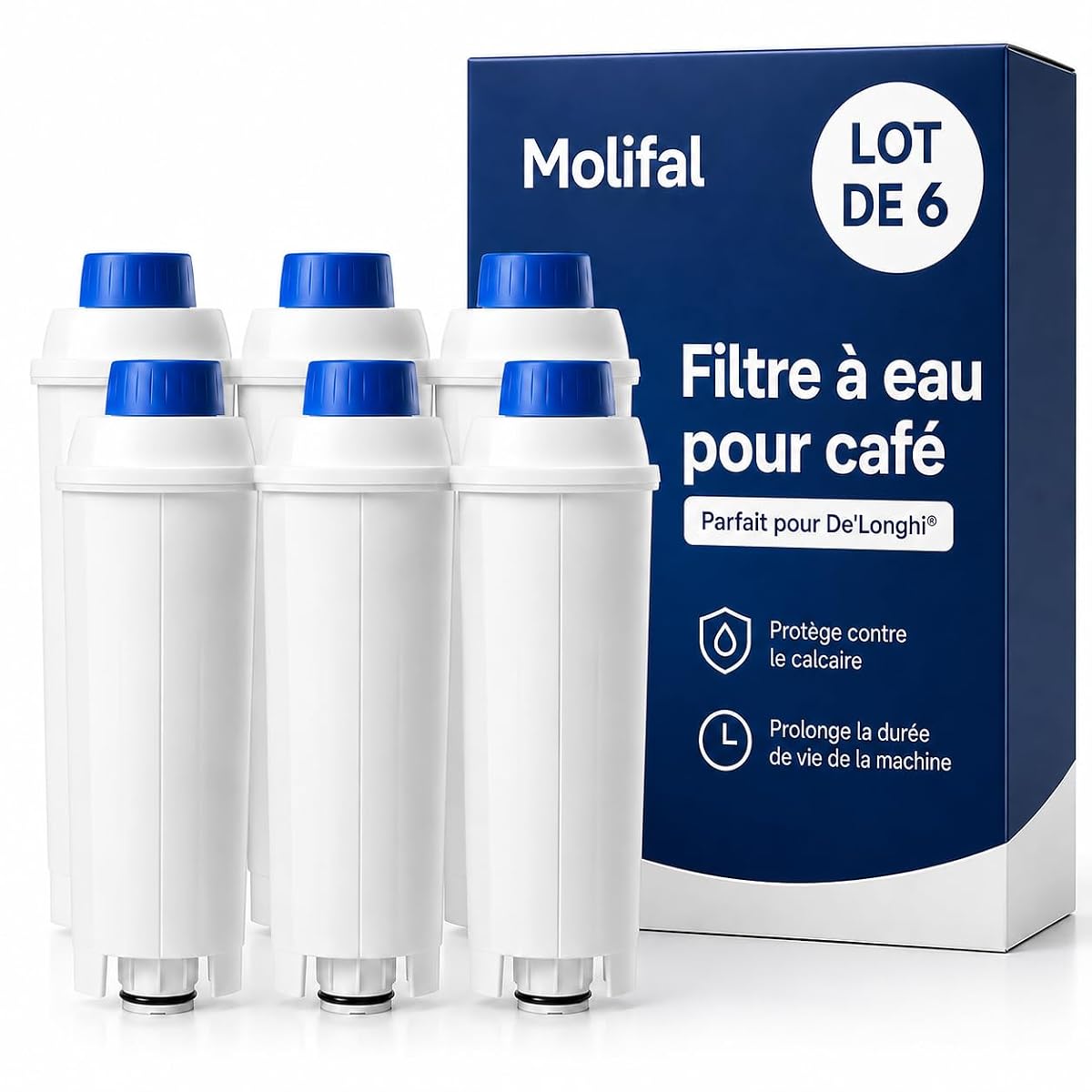 Lot de six filtres à eau Molifal pour machine à café, disposés sur un plan de travail en bois