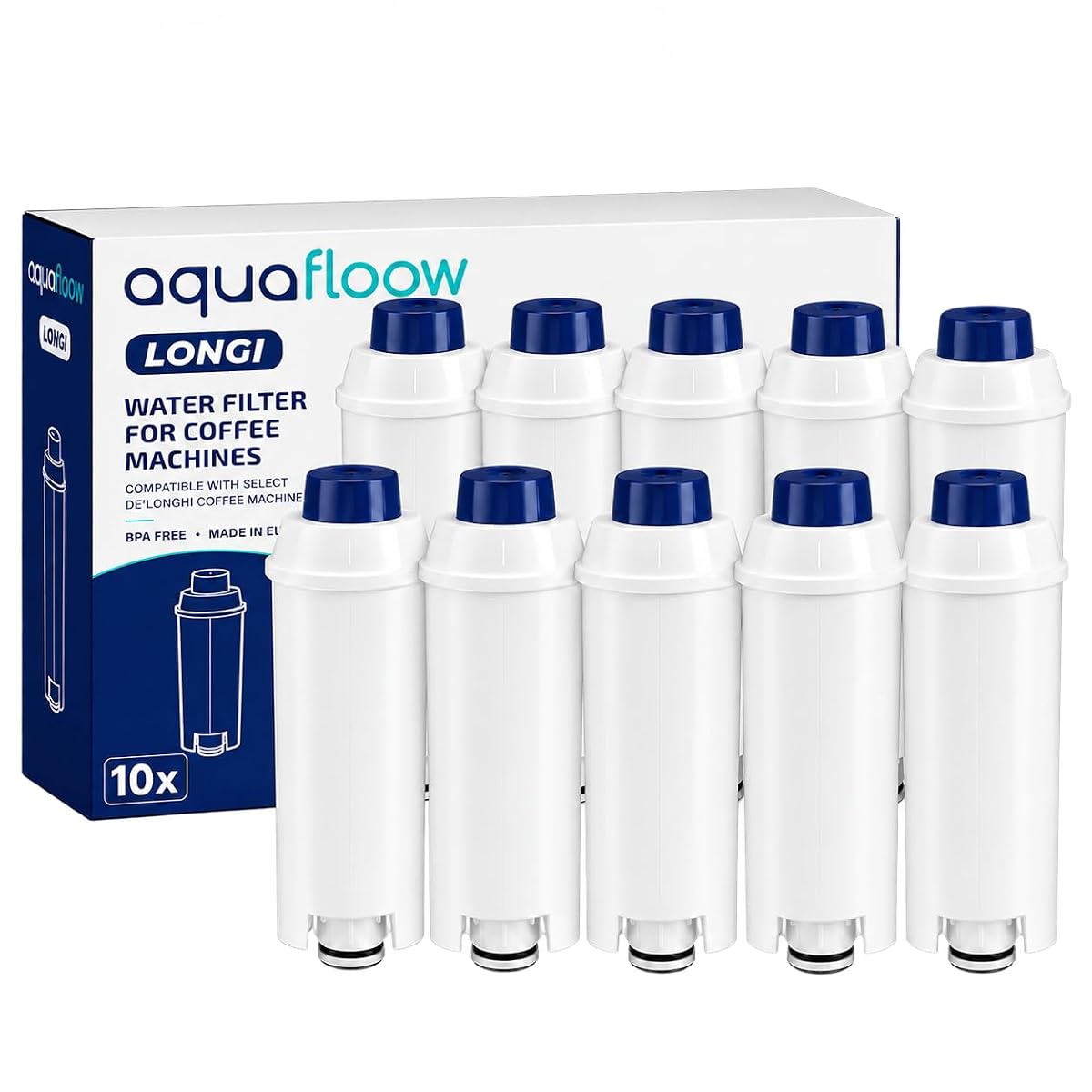 Dix cartouches filtrantes Aquafloow compatibles DLSC002 disposées sur un plan de travail en bois
