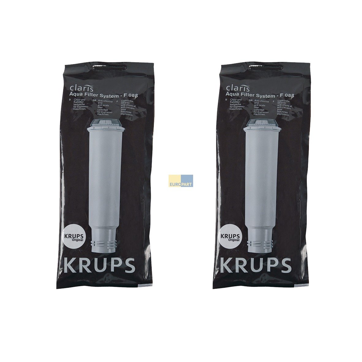 Deux cartouches filtrantes Krups Claris F088 posées sur un plan de travail en bois