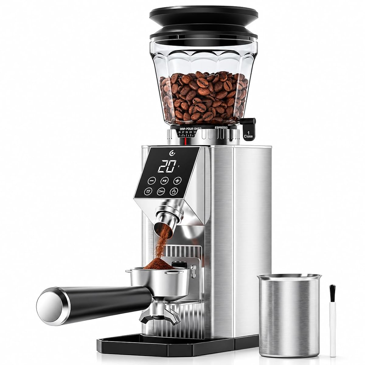 Moulin à café électrique Amzchef gris argenté avec commandes tactiles sur un plan de travail