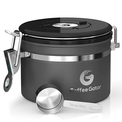 Boîte à café Coffee Gator en acier inoxydable gris avec cadran dateur et cuillère doseuse