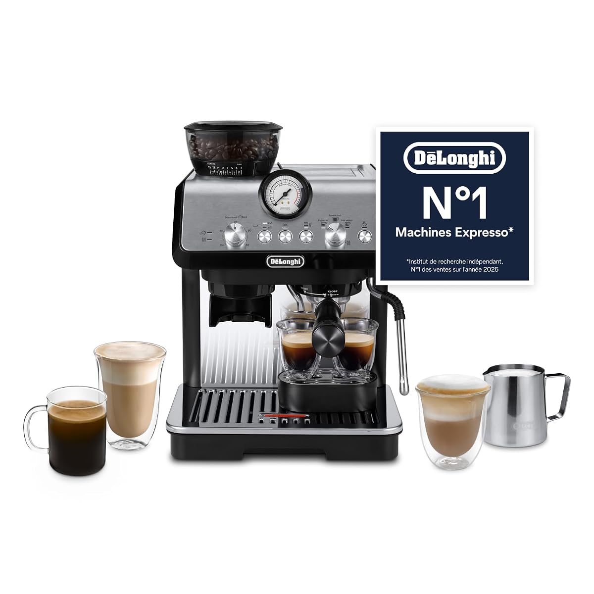 Machine expresso noire avec moulin intégré et buse vapeur, posée sur un plan de travail en bois.