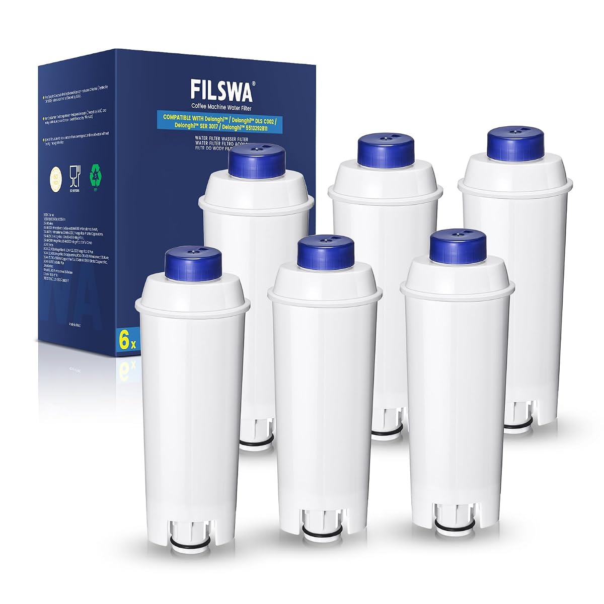 Six filtres à eau Filswa compatibles avec des machines à café DeLonghi, posés sur un plan de travail en bois.
