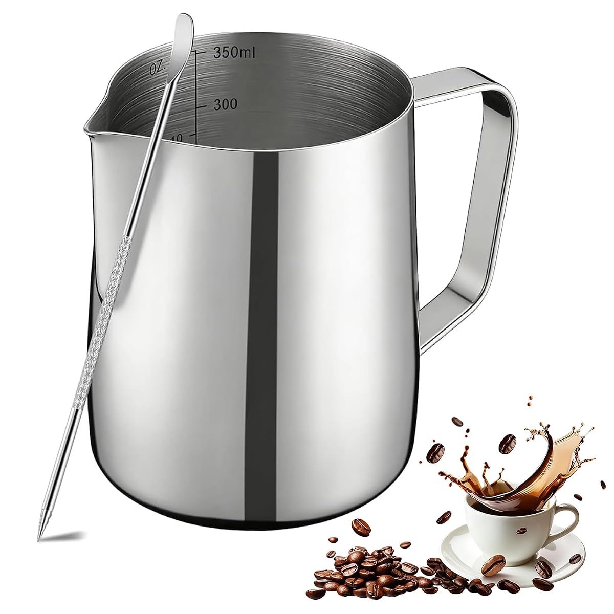 Pichet à lait inox de 350 ml avec graduations intérieures et stylo à latte art
