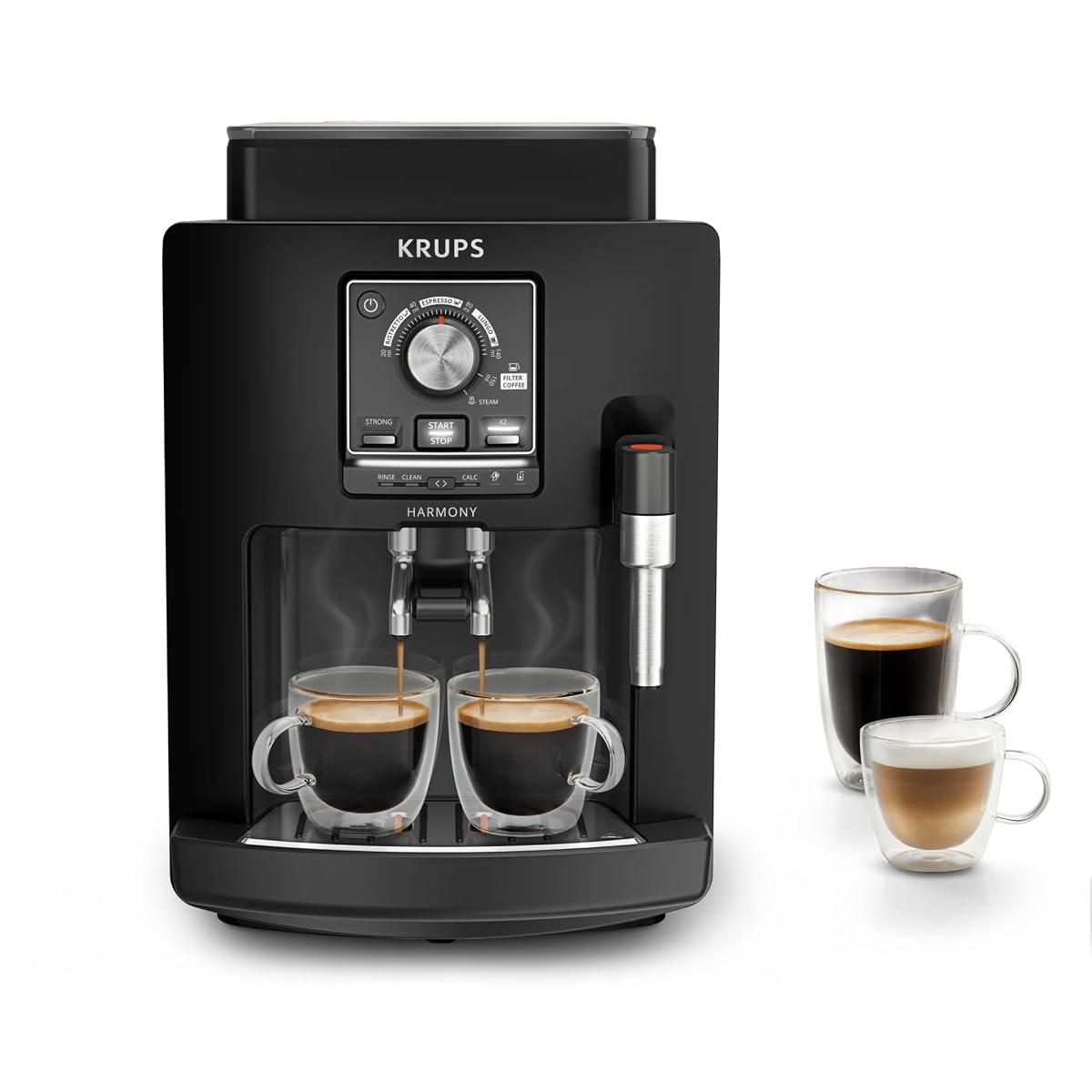 Machine espresso automatique noire avec molette de sélection et buse vapeur sur un plan de travail en bois
