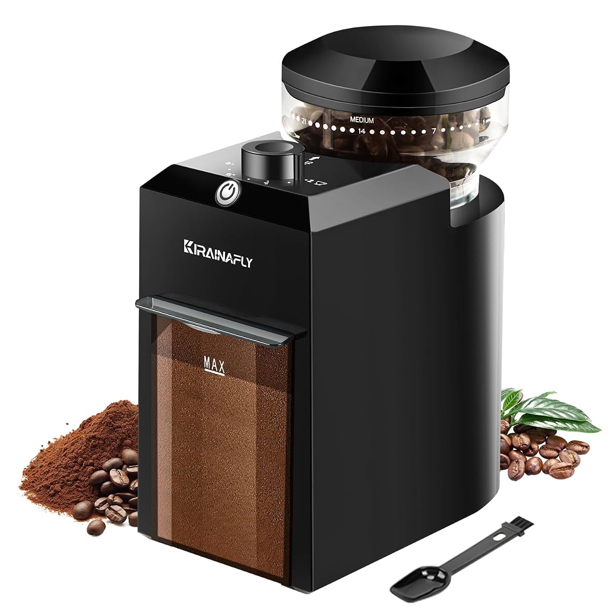 Moulin à café électrique noir Kirainafly posé sur un plan de travail avec des grains de café.