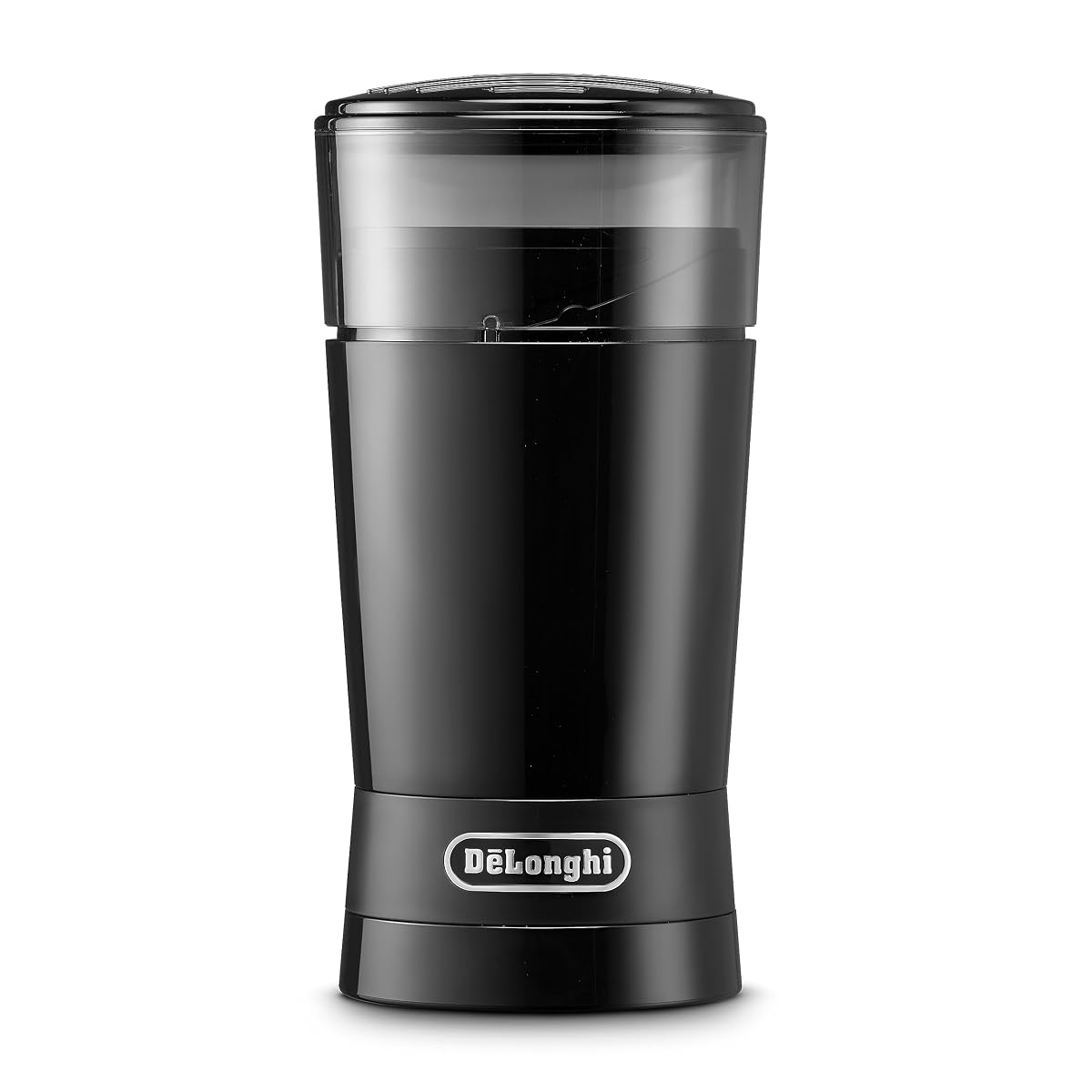 Moulin à café électrique De’Longhi KG200 noir avec sa brosse, des grains et une tasse en céramique