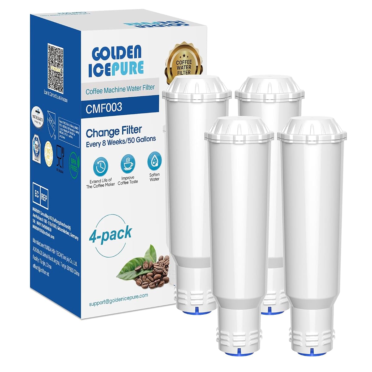 Quatre filtres à eau Golden Icepure pour machines à café compatibles posés sur un plan de travail en bois
