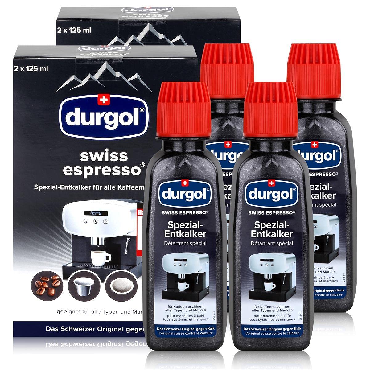 Quatre flacons de 125 ml de détartrant liquide Durgol posés sur un plan de travail en bois