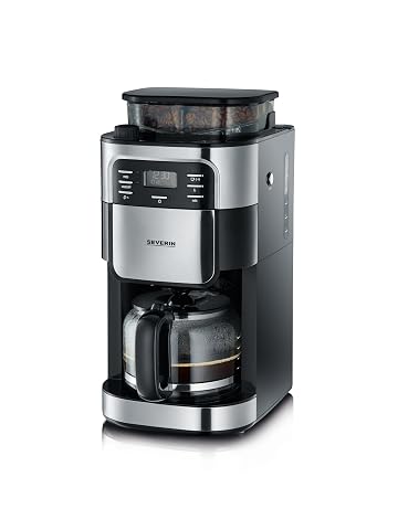 Cafetière filtre Severin en inox brossé et noir, avec broyeur intégré et verseuse en verre sur un plan de travail.