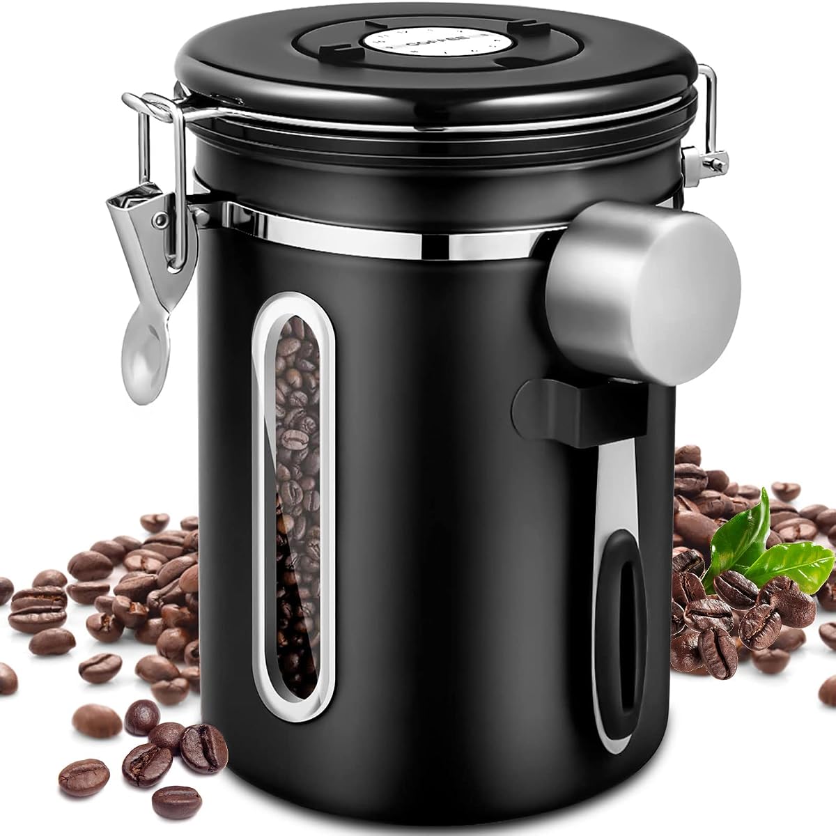 Boîte à café noire en acier inoxydable avec cadran dateur sur le couvercle et cuillère doseuse.