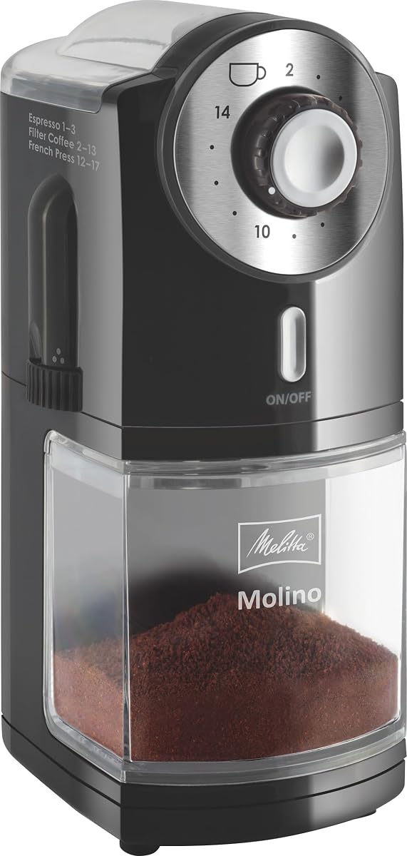 Moulin à café électrique noir Melitta Molino avec réservoir transparent sur un plan de travail en bois