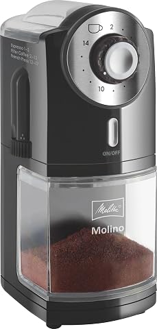 Moulin à café électrique noir Melitta Molino avec réservoir transparent sur un plan de travail en bois