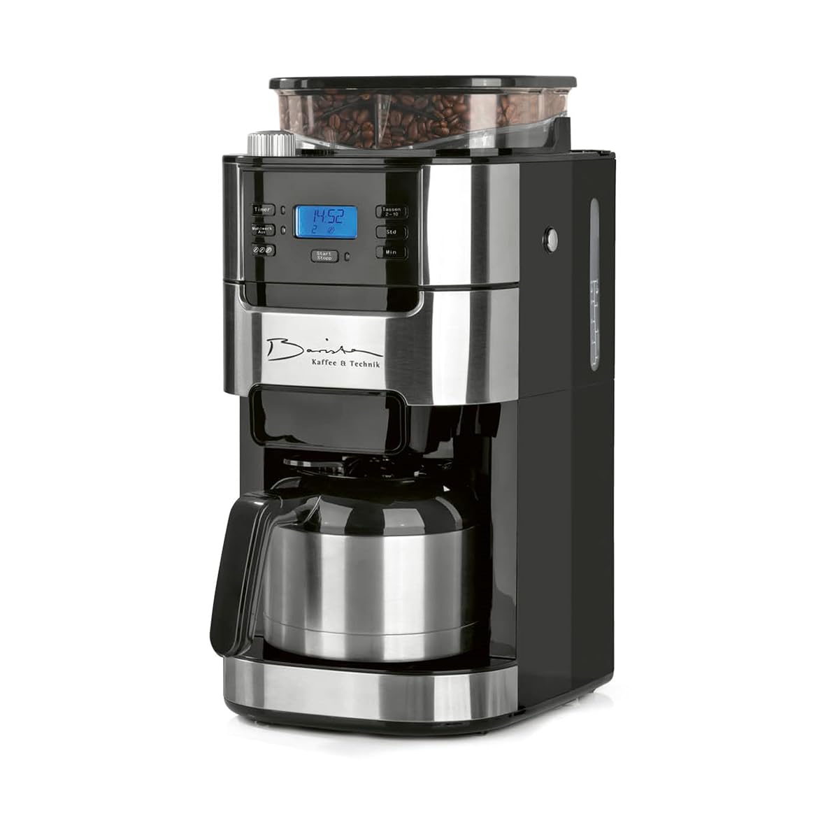 Cafetière filtre argentée avec broyeur intégré et verseuse isotherme sur un plan de travail en bois