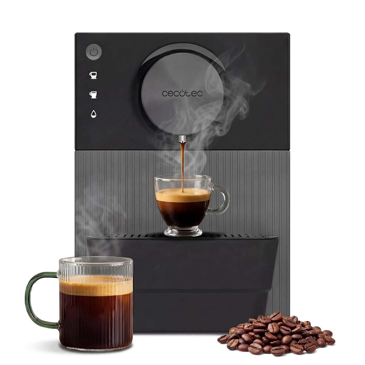 Machine à café superautomatique noire Cremmaet Cube posée sur un plan de travail en bois brun
