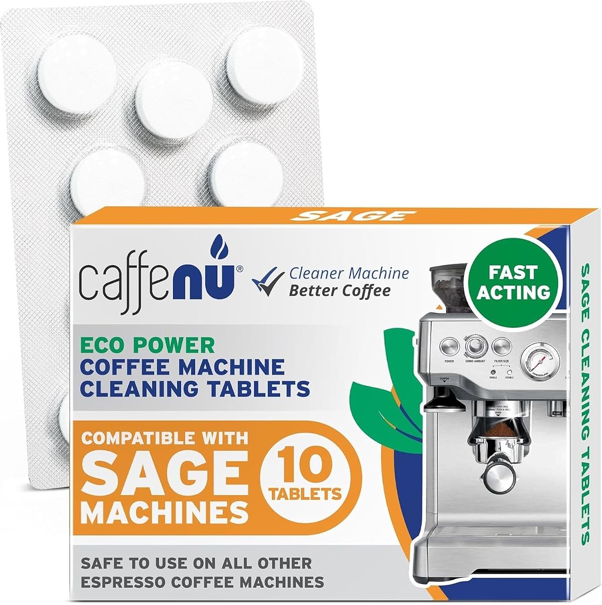 Dix pastilles de nettoyage Caffenu alignées près d’une machine espresso et d’un porte-filtre