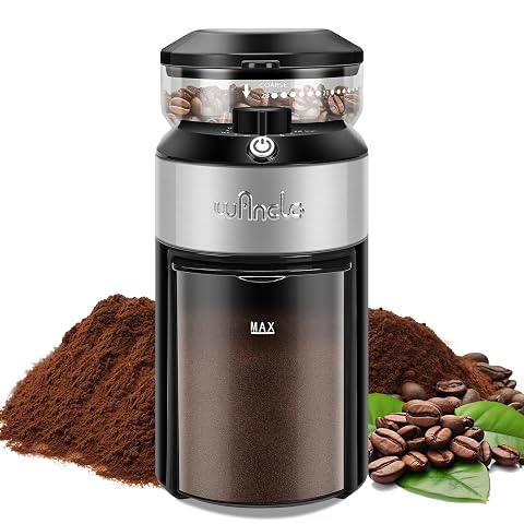 Moulin à café électrique Wancle noir et acier inoxydable posé sur un plan de travail en bois brun