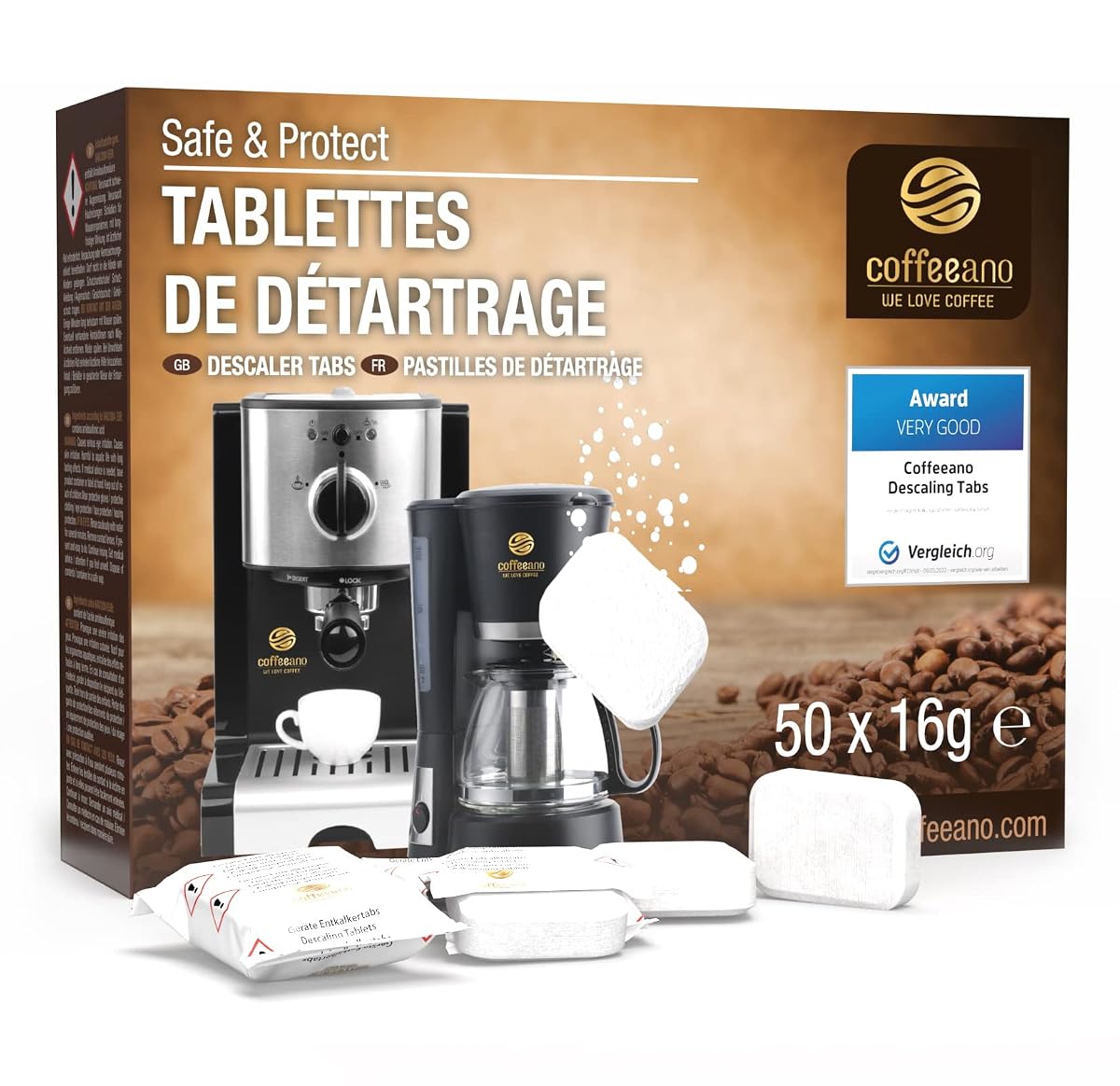 Cinquante pastilles détartrantes emballées individuellement, disposées en rangées sur un plan de travail en bois.