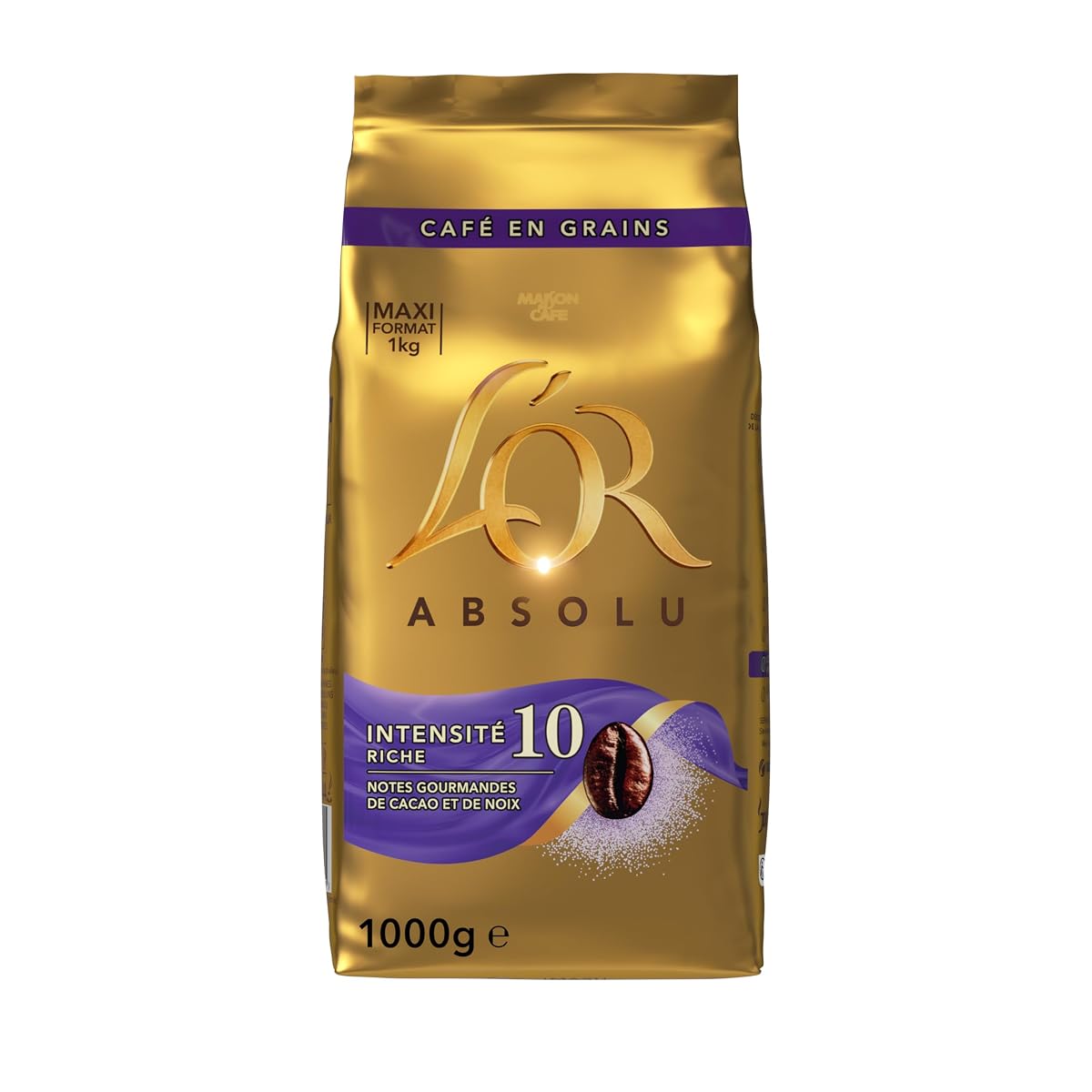 Grains de café torréfiés présentés dans un sachet neutre et une coupelle en céramique