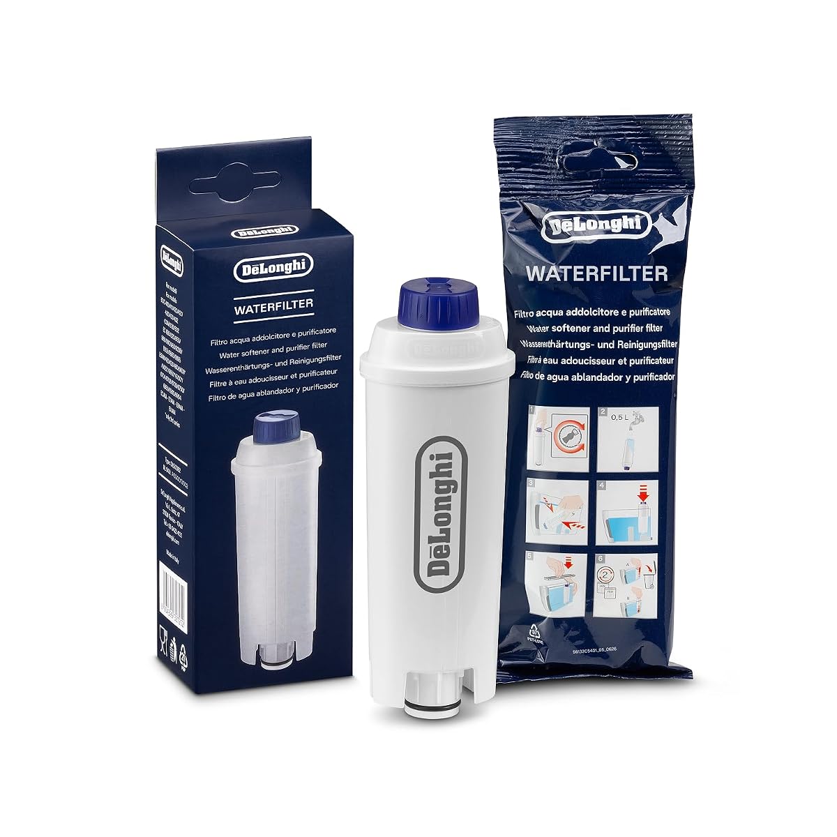 Filtre à eau De’Longhi DLSC002 blanc posé près d’un réservoir de machine à café