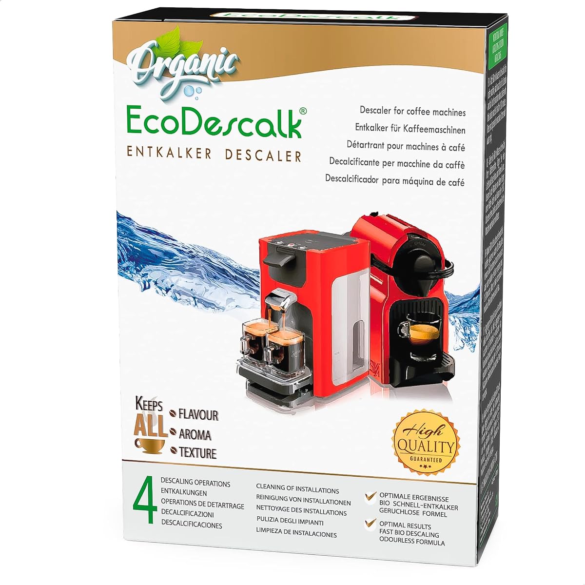 Quatre sachets de détartrant en poudre EcoDescalk posés sur un plan de travail de cuisine