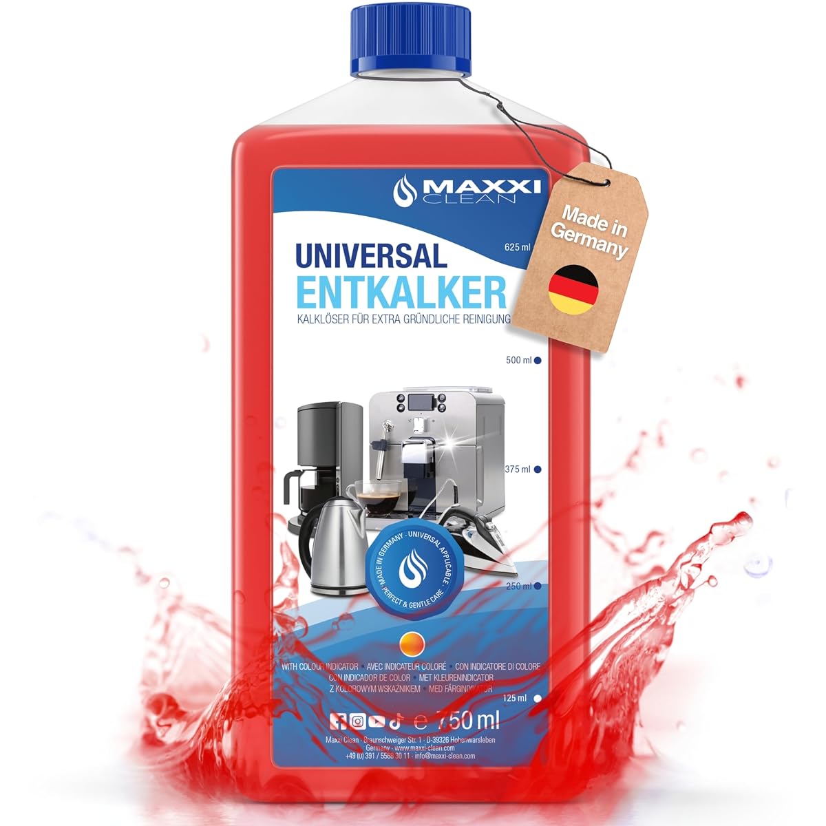 Flacon rouge de détartrant liquide universel de 750 ml posé près d’une machine à café.