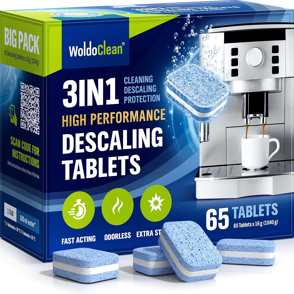 65 tablettes détartrantes WoldoClean regroupées sur un plan de travail en bois brun