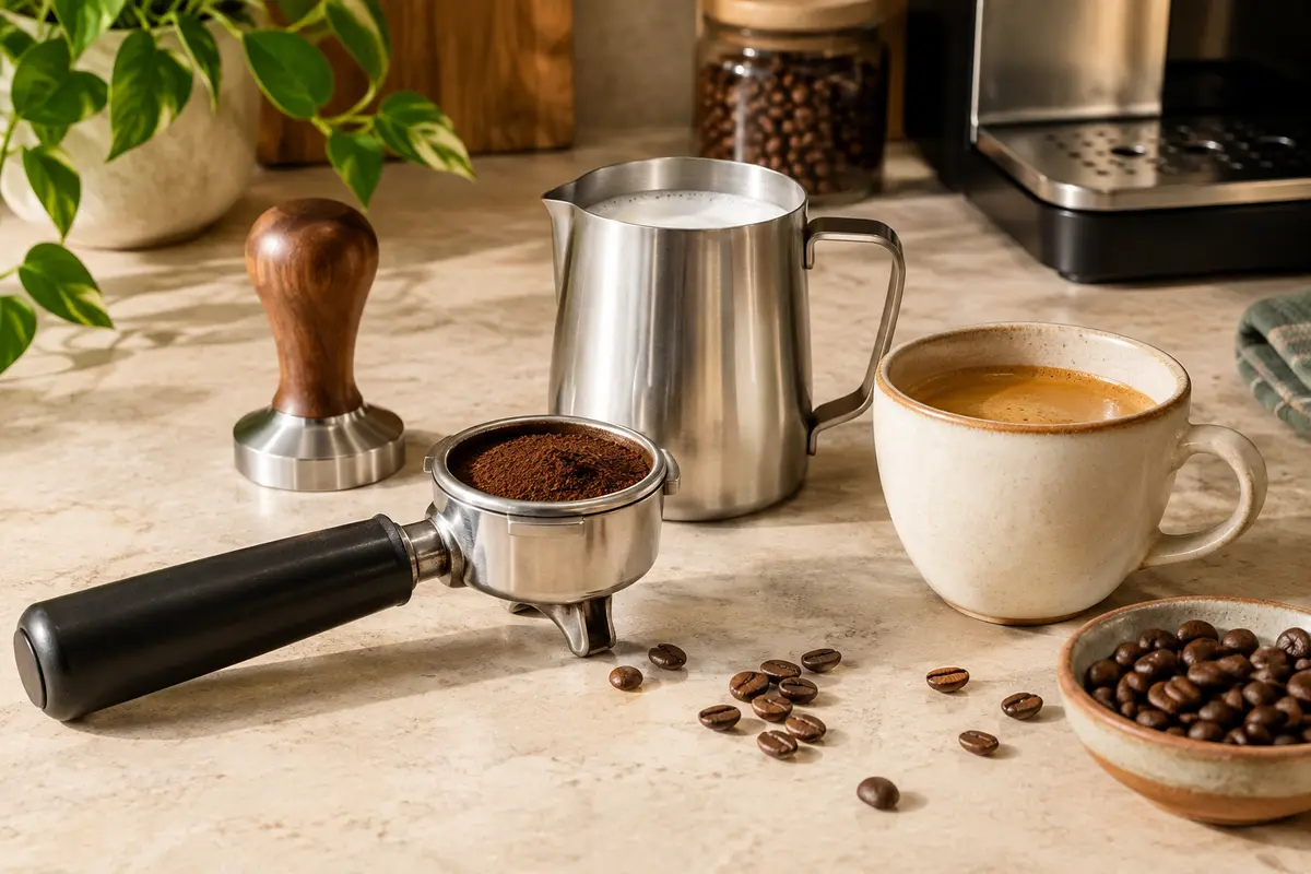 Tasseur et pichet à lait en inox disposés avec un porte-filtre expresso
