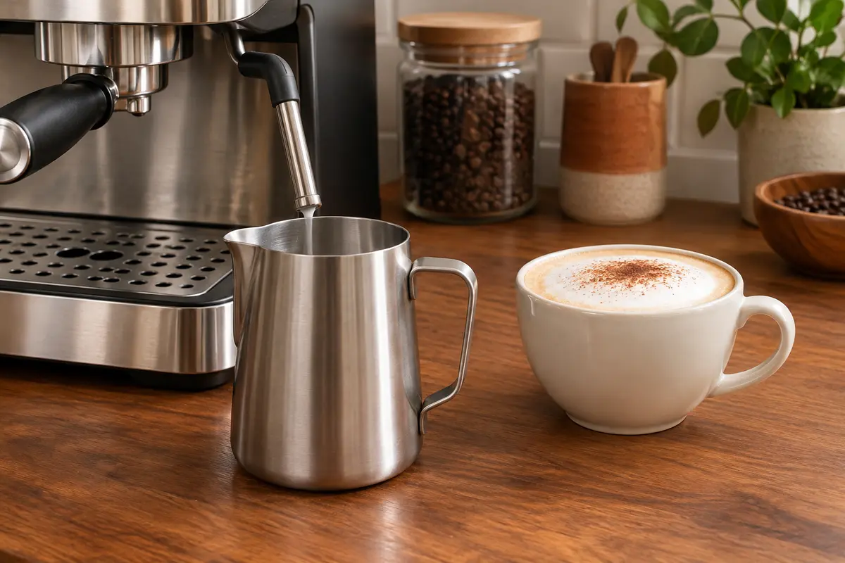Pichet à lait en inox près d’une machine expresso et d’une tasse de cappuccino