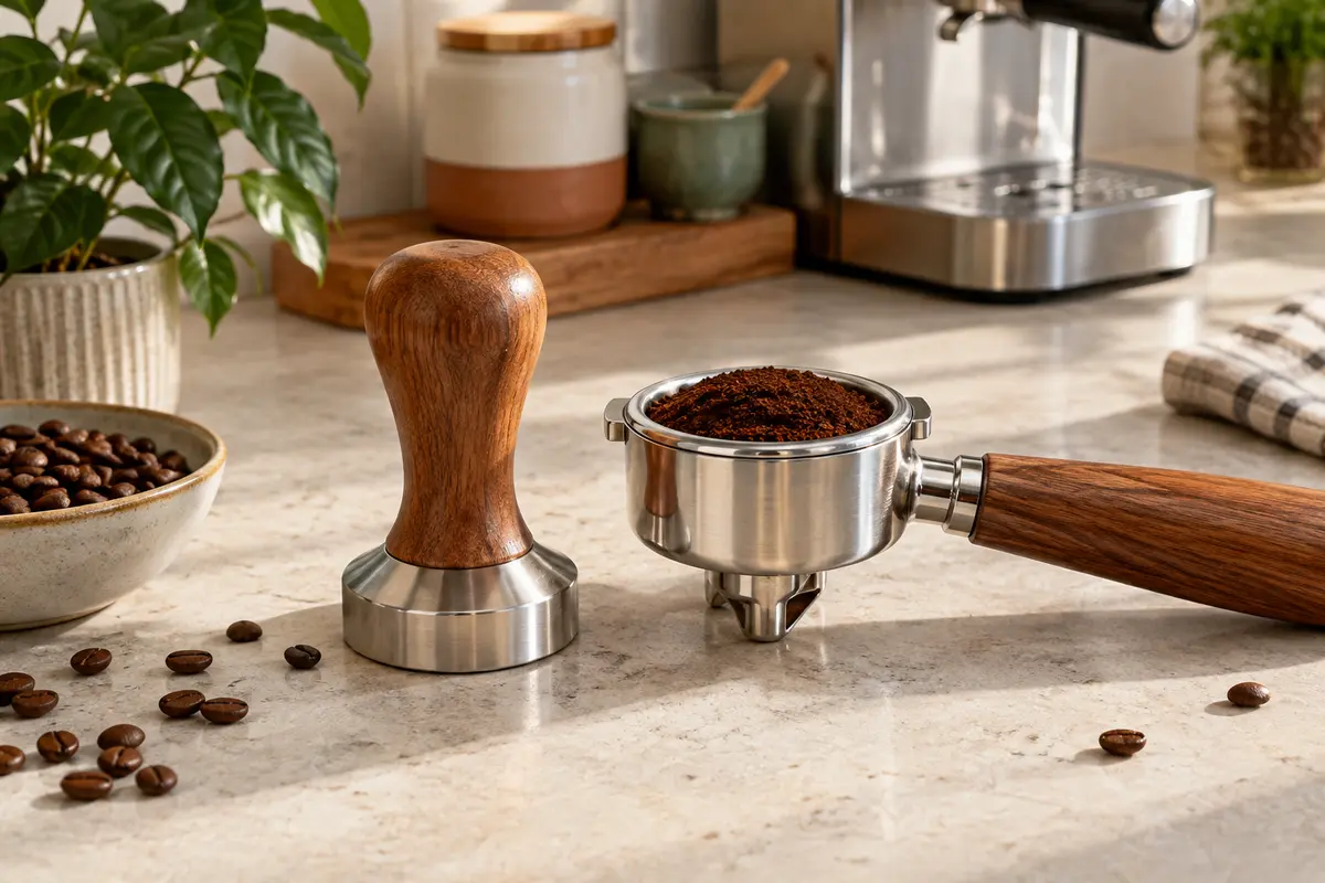 Tasseur à café en inox et bois posé près d’un porte-filtre expresso