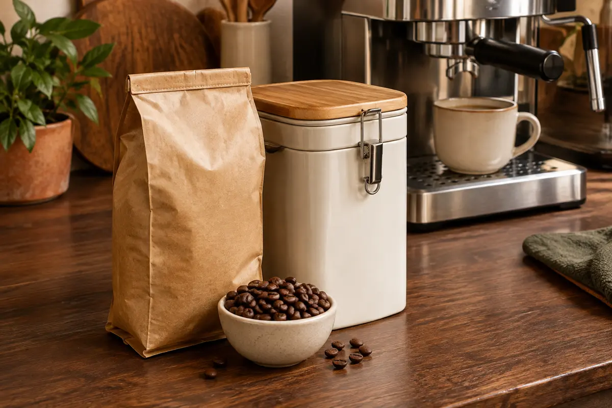 Café en grains et boîte de conservation près d’une machine expresso