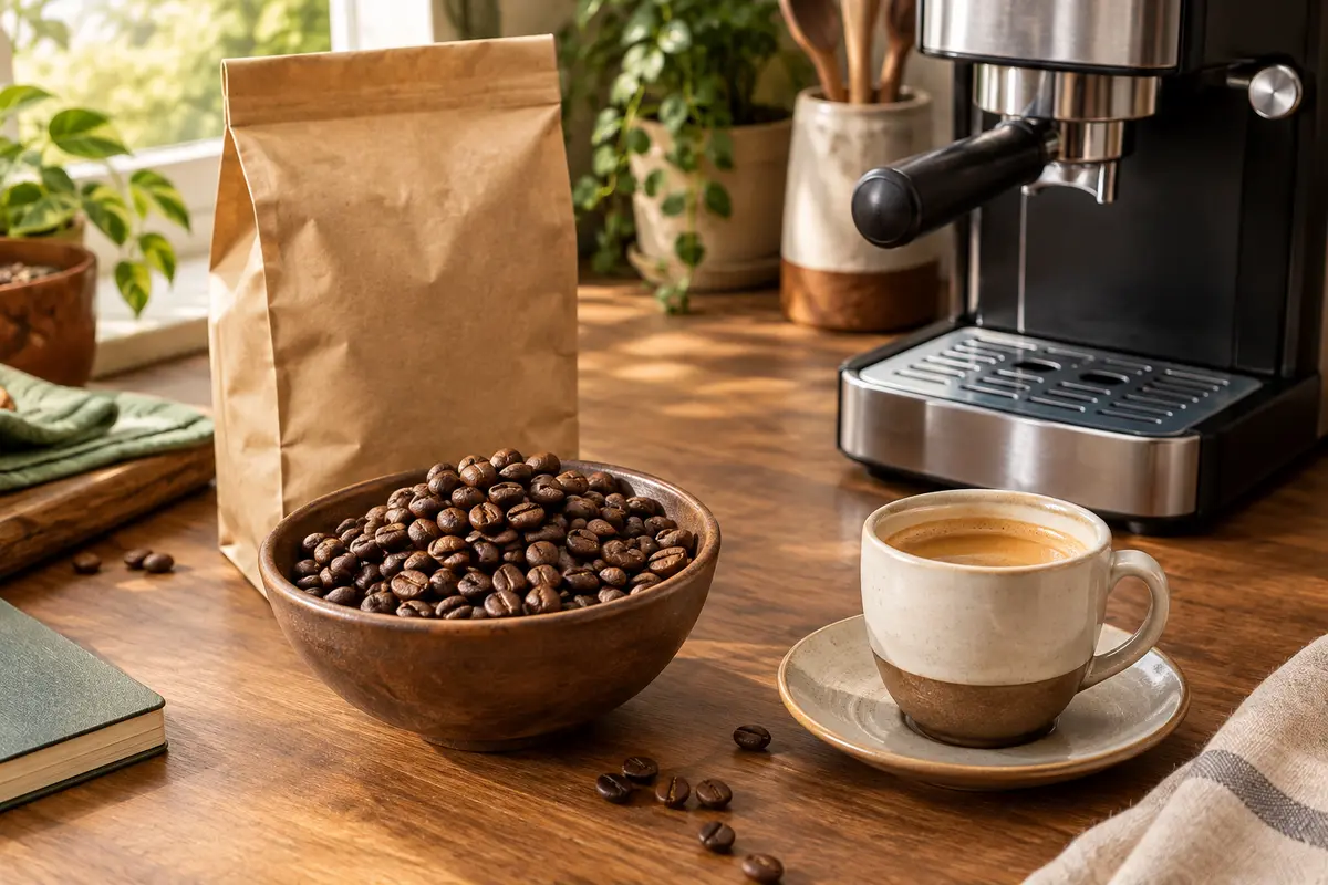 Grains de café torréfiés dans une coupelle près d’une tasse expresso