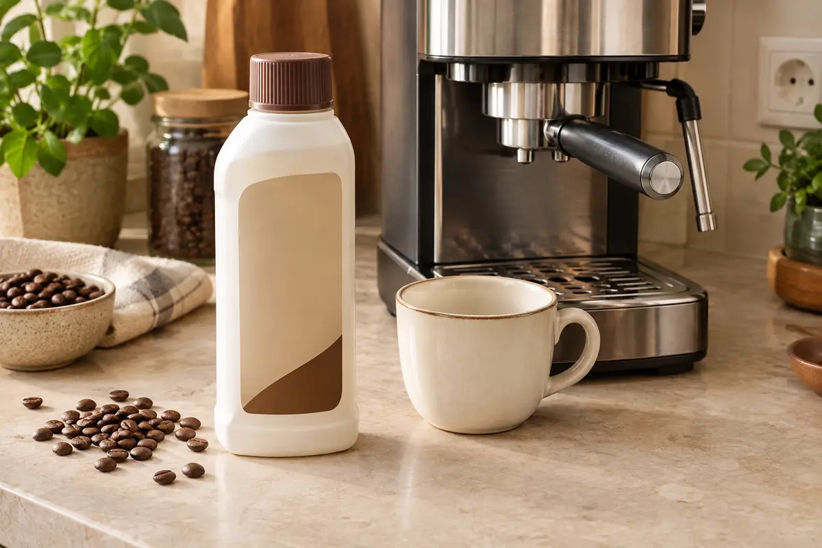 Flacon de détartrant près d’une machine expresso et d’une tasse vide