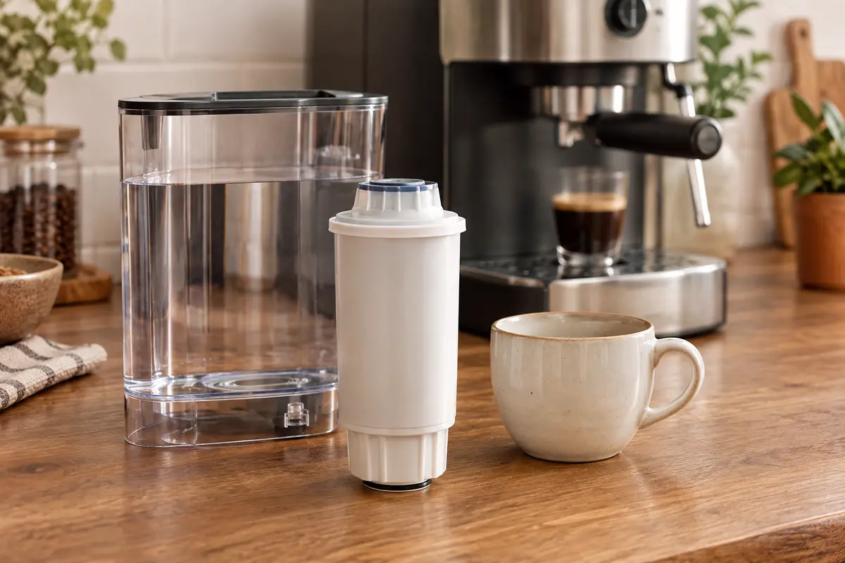 Cartouche filtrante près du réservoir d’eau d’une machine à café