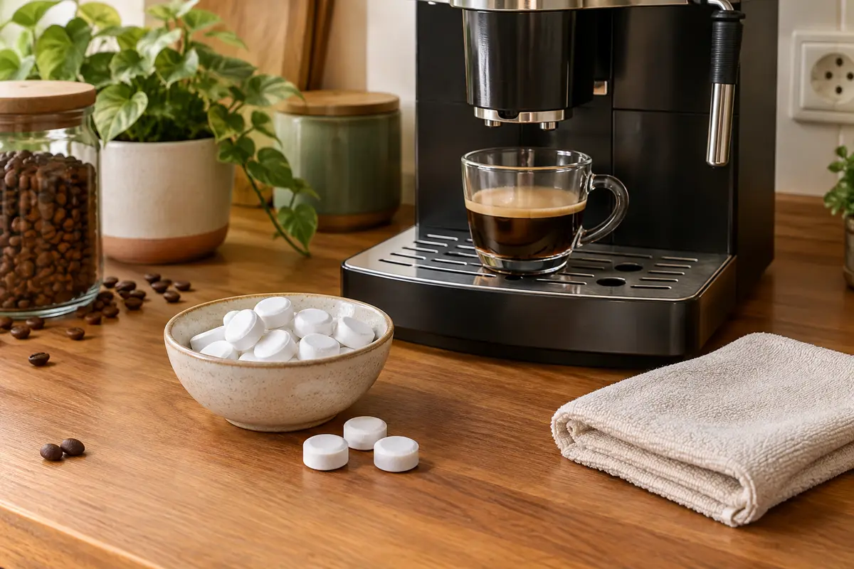 Tablettes de nettoyage près d’une machine expresso automatique et d’un chiffon