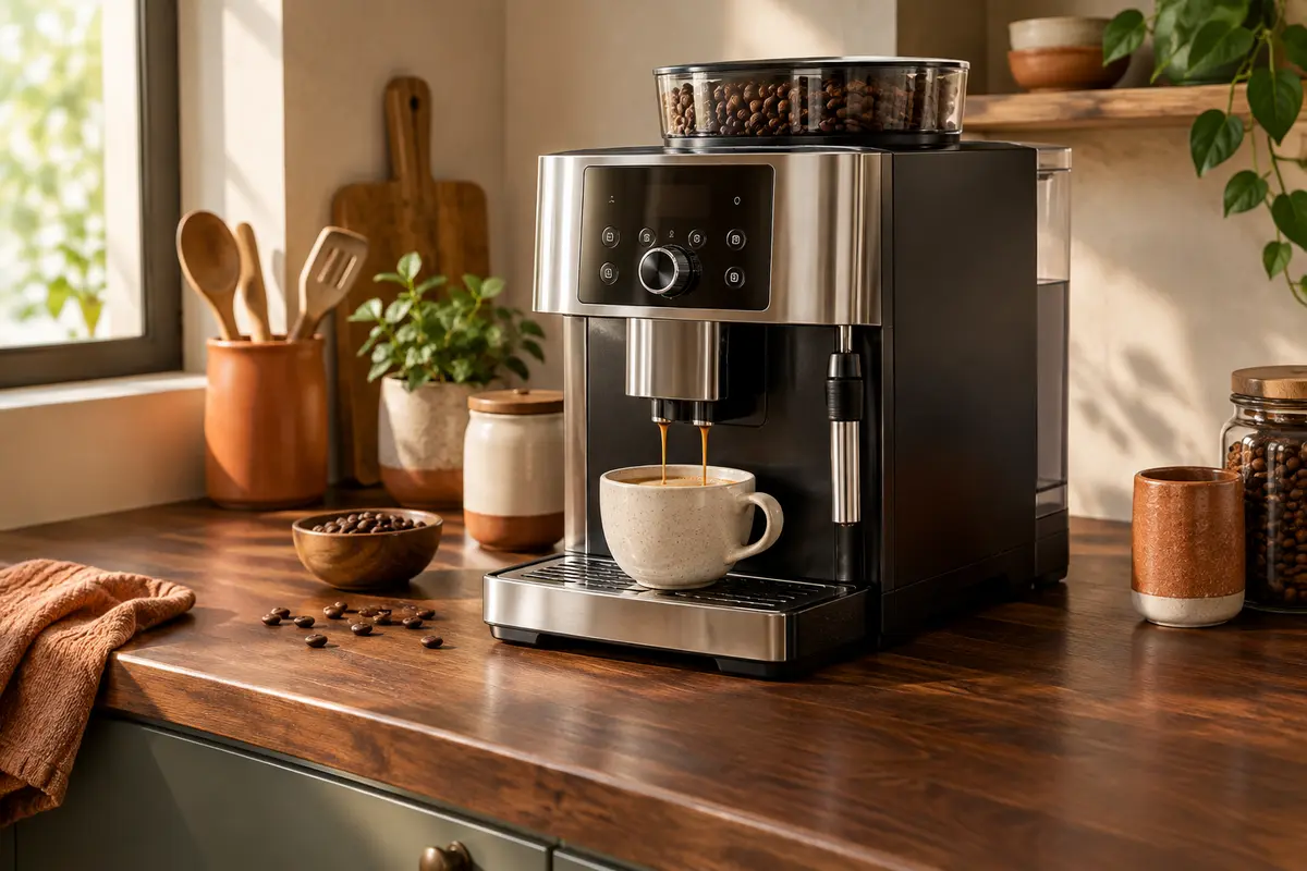 Machine à café à grain sur un plan de travail avec une tasse et des grains