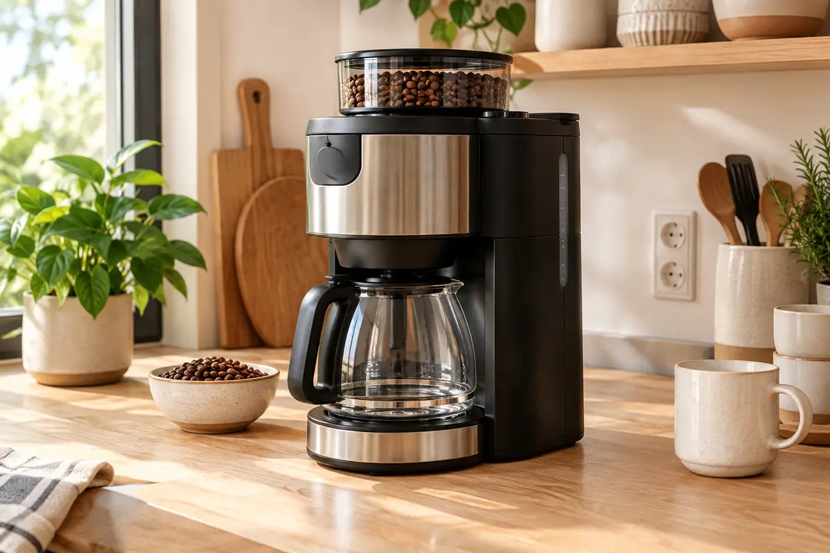 Cafetière filtre avec broyeur intégré et carafe en verre sur le plan de travail