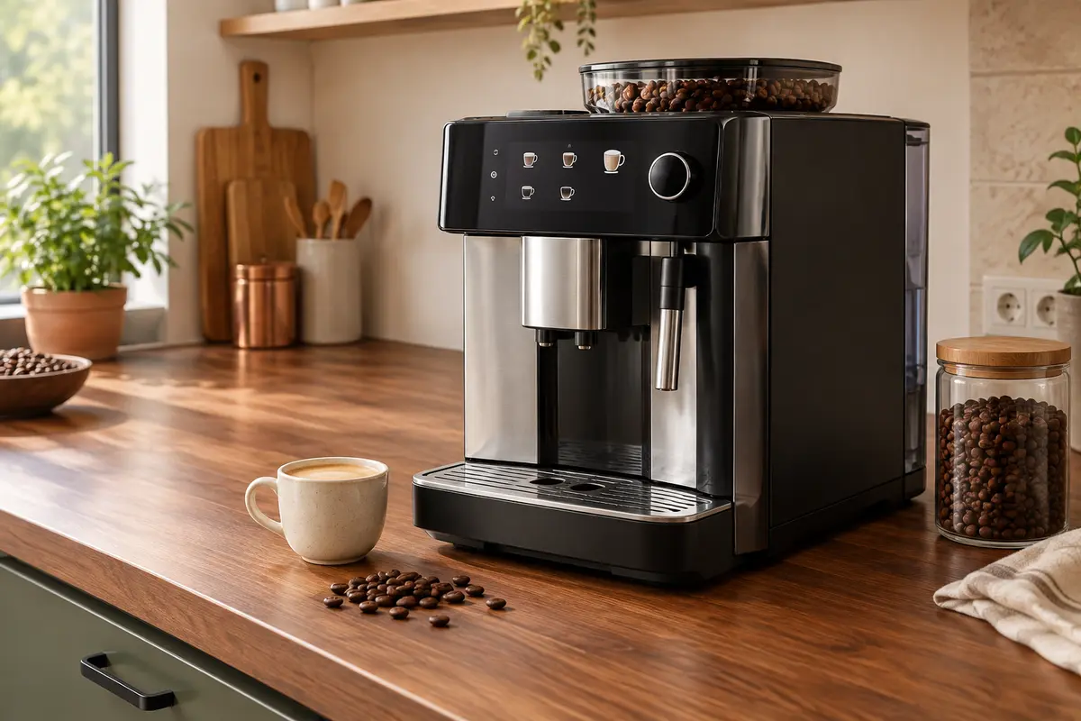 Machine expresso automatique avec broyeur intégré et tasse en céramique claire